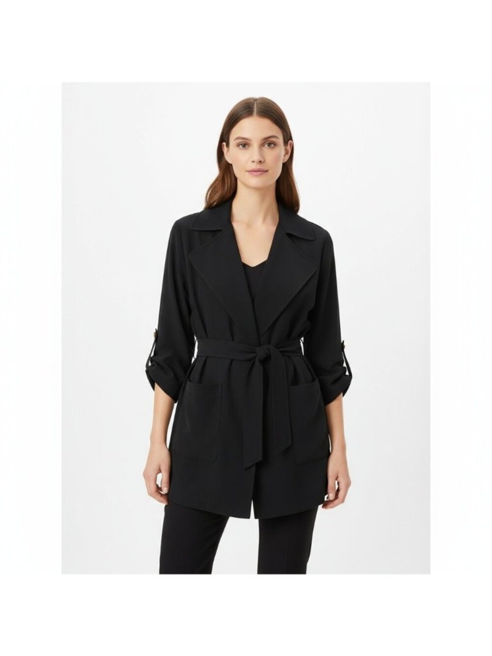 NWT Francescas tgla Women's Small Black Tie-Waist Roll-Tab Wrap Blouse Top